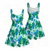 Women Plus Size Square Neck Strappy Open Shoulder Sleeveless Dress Green Blue Floral Printed Flared Hem