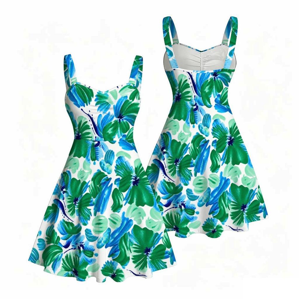 Women Plus Size Square Neck Strappy Open Shoulder Sleeveless Dress Green Blue Floral Printed Flared Hem