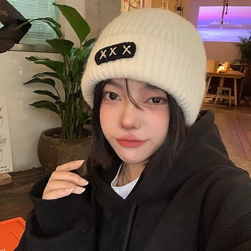 Women's Big Head Wing White Woolen Hat In Winter Versatile Face Showing Small Hip Hop Niche Knitted Hat Trendy Korean Version