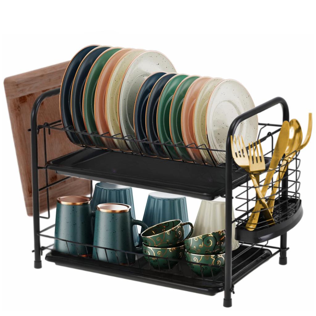 Large, two-tier standing dish drainer for dishes, black