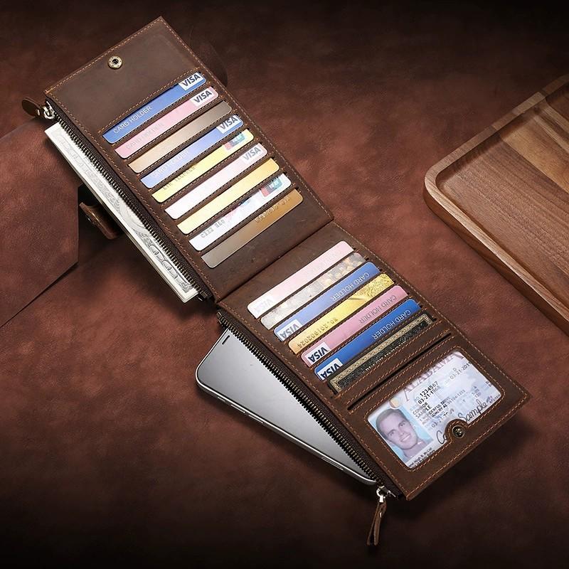Leather Leather Long Men's Wallet Multi-card Position RFID Anti-degaussing Anti-theft Brush Zipper Wallet Can Be Placed In Mobile Phone