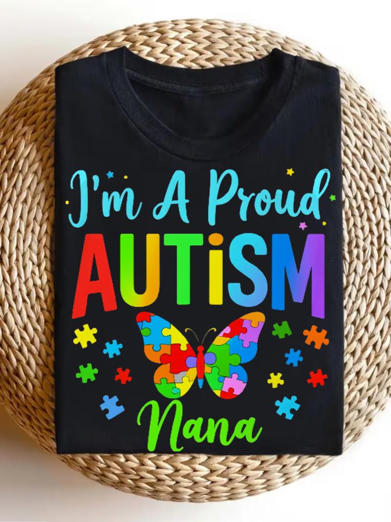 I'M A Proud Autism Nana Autism Awareness T-Shirt - Retro Puzzle Pieces & Rainbow Butterfly Design, S
