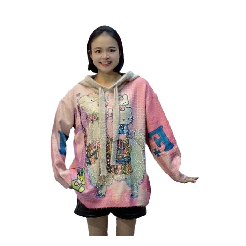Plus Size Mink Velvet Alpaca Print Sweater - Women's Trendy Autumn/Winter Pullover, Heavy Work with Hot Drilling, Round Neck.