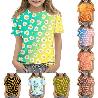 Kinder Blumenprint Rundhals Kurzarm Lässiges Lockeres T-Shirt Bequemes Weiches Gewebe Atmungsaktiv Tägliche Kleidung