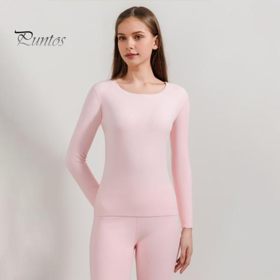 2 Pcs/Set Winter Women Thermal Underwear Set Round Neck Seamless Long Sleeve Warm Thick Double-sided Plush Slim Fit Elastic Lady Cold Weather Pajamas