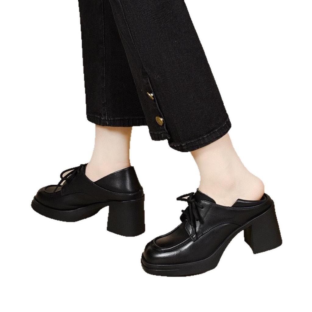Women's 2025 Black British Style Waterproof Platform Chunky Heel Lace-up Loafers with Two-Wear Deep Mouth Design.