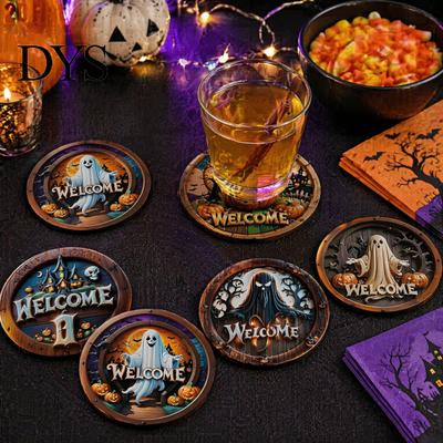 Waterproof Solid Wood Mats 6Pcs/Set Halloween Wooden Coasters, Retro Pumpkin Ghost Drink Heat Resistant Cup Holders Round Insulation Pads for