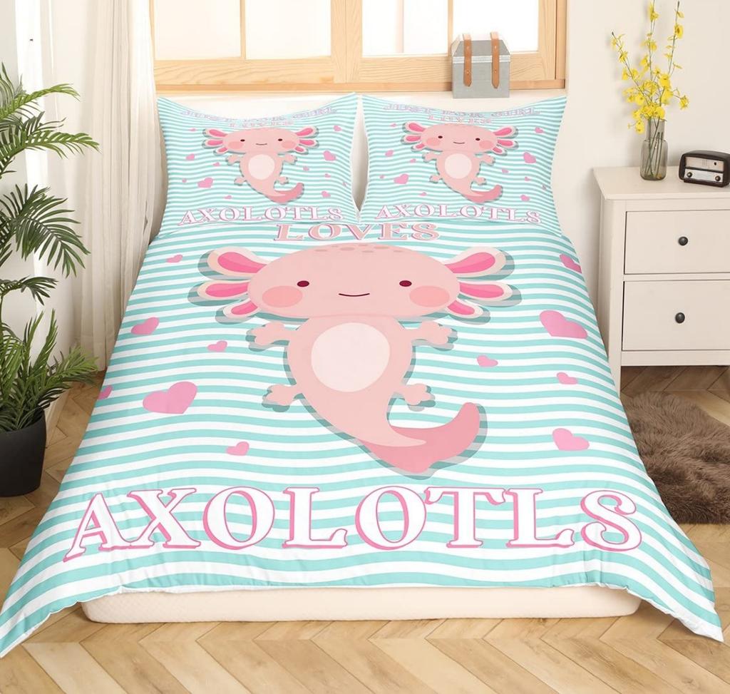 Cartoon Pink Axolotl Floral Duvet Cover King Size 3D Cute Salamander Bedding Set Suitable For Boys Girls Room Decoration 3 Pcs