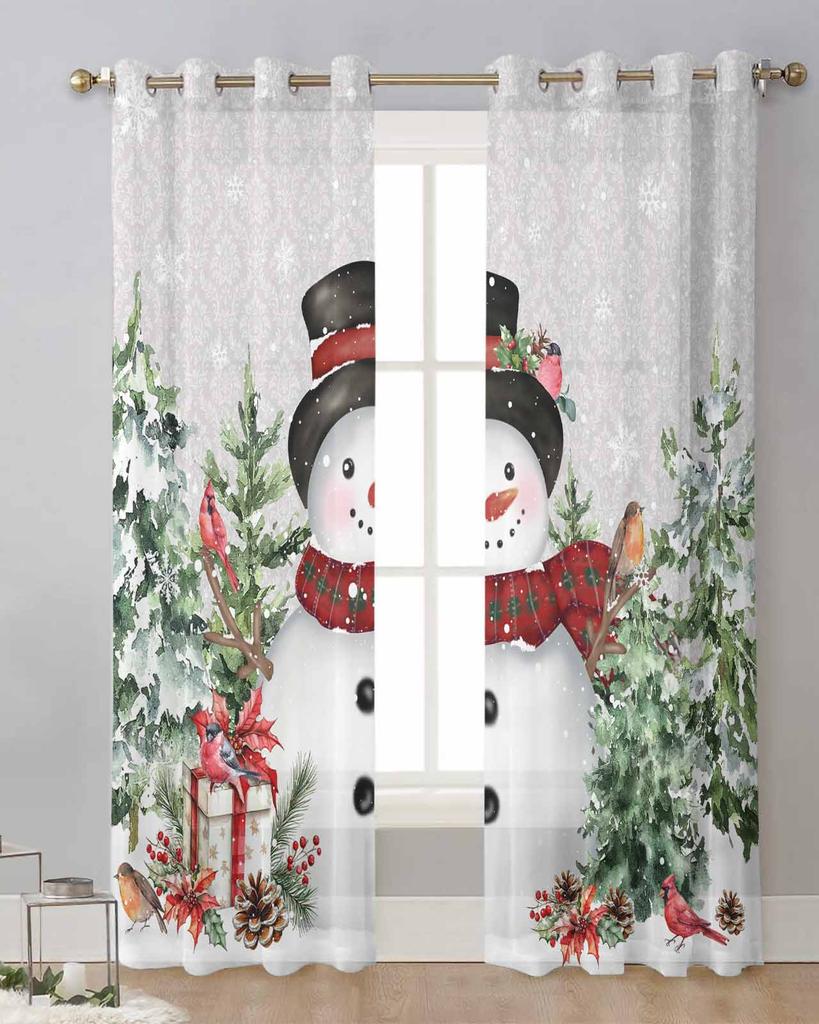 Christmas Tree Snowflakes Robin Snowman Gray Sheer Curtains Living Room Decoration Window Curtains Kitchen Tulle Voile Curtains