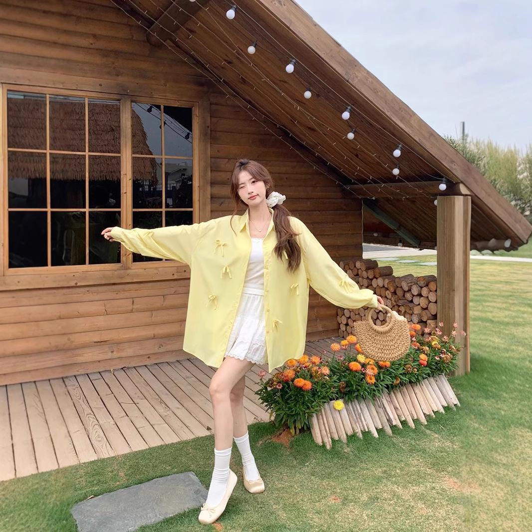 

Sweet Style Bow Long-sleeved Shirt for Women In Spring and Summer New Loose Casual Polo Neck Sunscreen Jacket for Women XXL синій