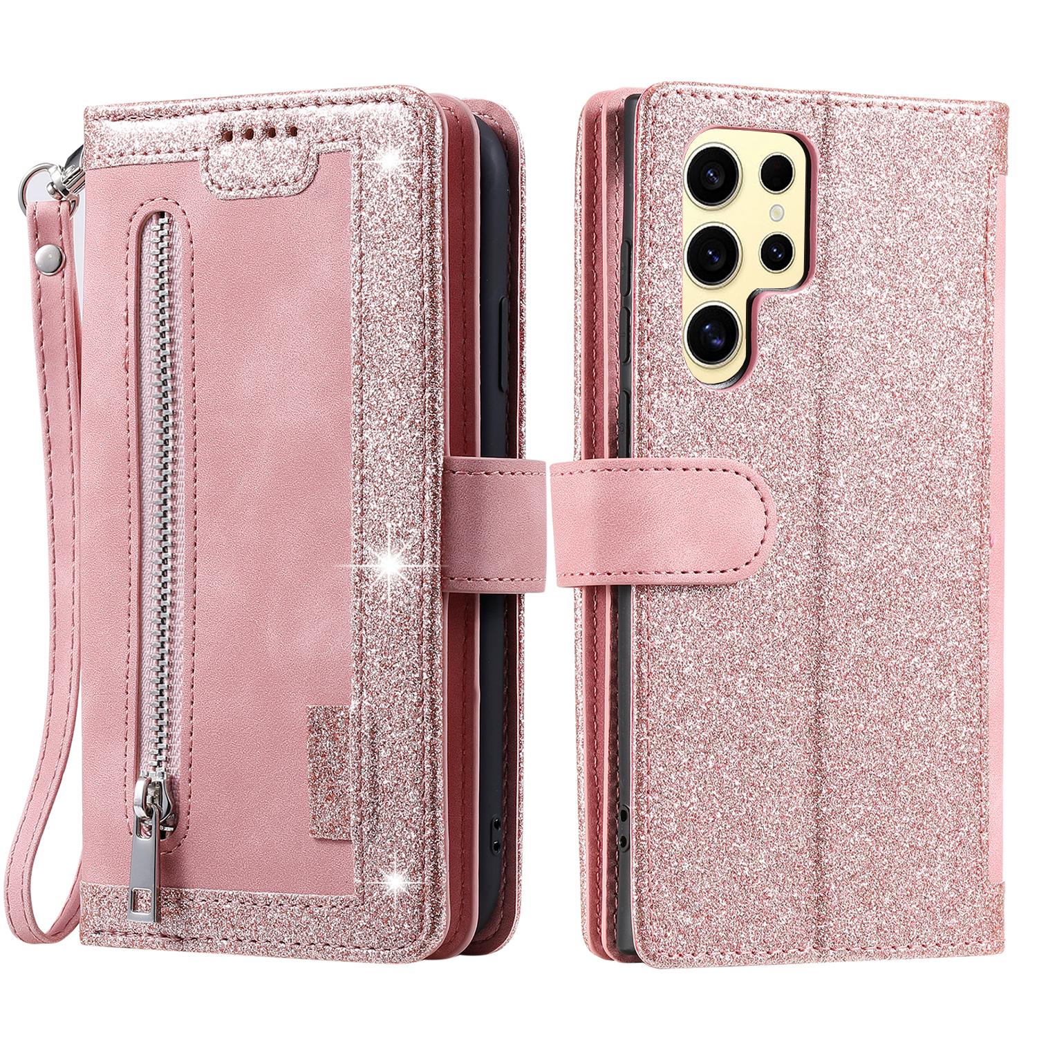 

For Samsung Galaxy S25 Ultra Case PU Leather Phone Cover with Zipper Wallet 9 Card Slots Rose Gold