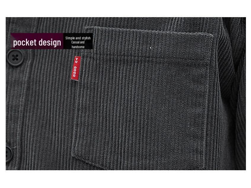 Men's Autumn Long Sleeve Velvet Corduroy Jacket with Real Pockets - Solid Color Casual and Trendy Shirt