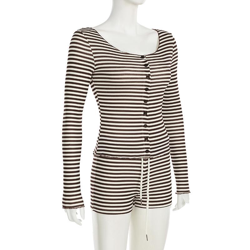 Korean Autumn Striped Two-Piece Set: Round Neck Button-Down Long Sleeve Top & Low Rise Shorts for Women