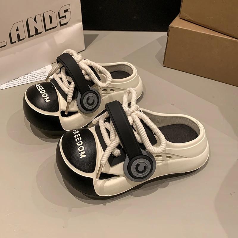 Fashion Women's Fashion Slippers Round Toe Platform Sole Lace-up Shoes Women Leisure Outdoor Korean Style Anti-Slip Zapatillas De Mujer