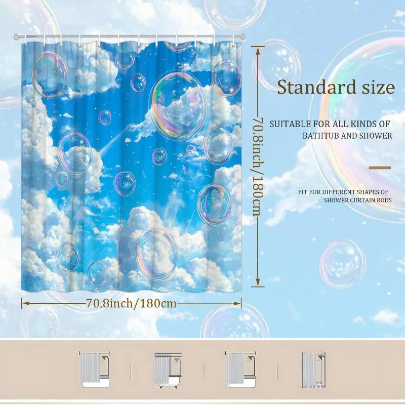 Whimsical Dreamy Sky Shower Curtain - Fluffy Clouds, Shimmering Bubbles, Brilliant Blue,Machine Washable, Fantasy Bath Decor