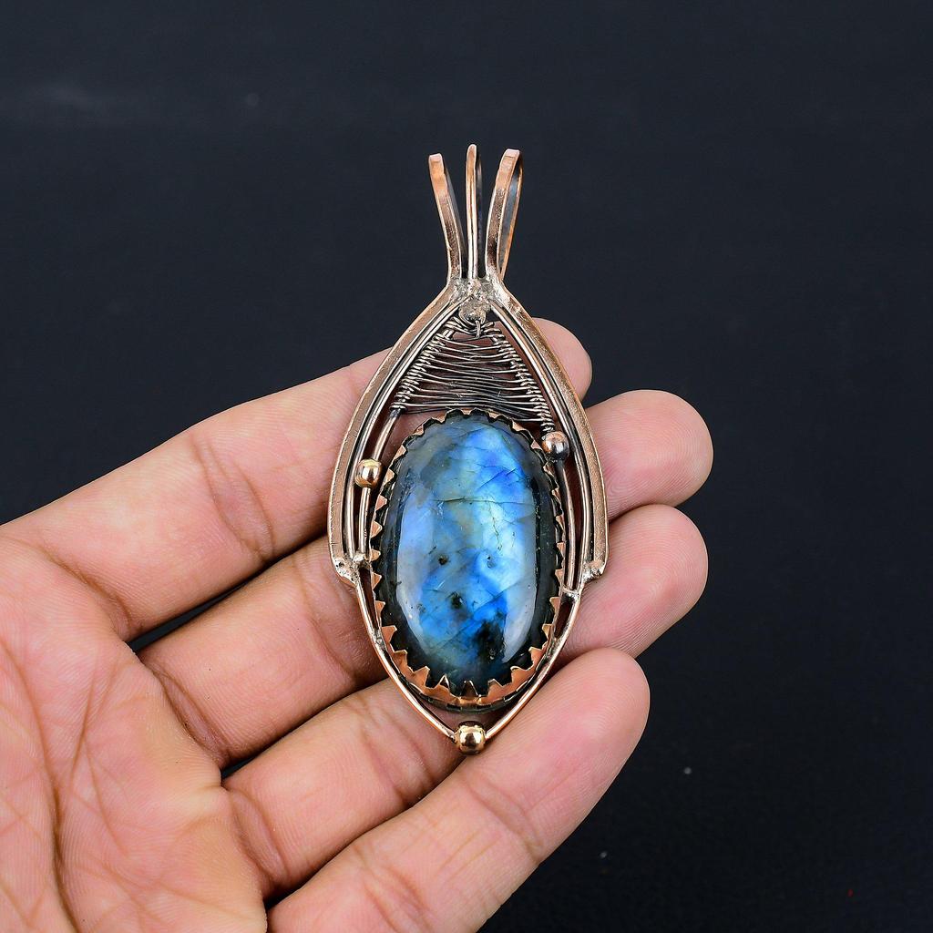 Labradorite Gemstone Pure Copper Wire Wrapped Handmade Pendant Jewelry For Gift