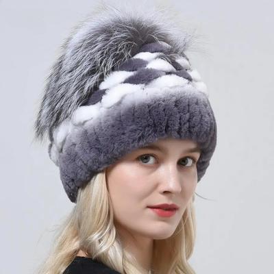 Winter Hat Women Natural Fox Fluffy Fur Rex Rabbit Knitted Beanie Hats Hand Sewn Quality Stylish New Female Thick Warm Hat