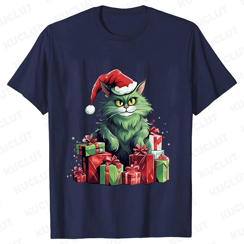 New Year Short Sleeve Tshirt Cute Cat Print Tops Fashion Xmas Unisex Tees Shirt Trend Graphic Christmas Male Oversized Clothing