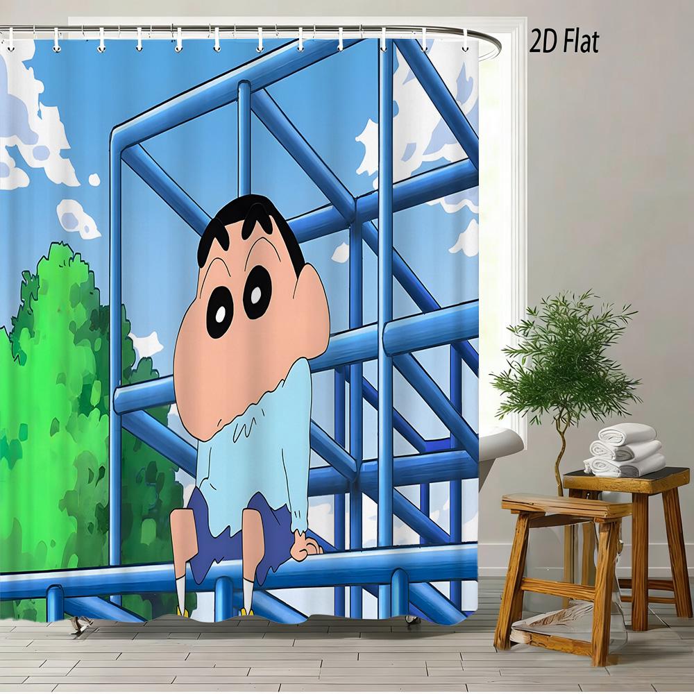 Crayon Shin-Chan & Friends & Shiro & Strange Creature On Green Grass Scene 2D Print Waterproof Shower Curtain, Bright Green Bath
