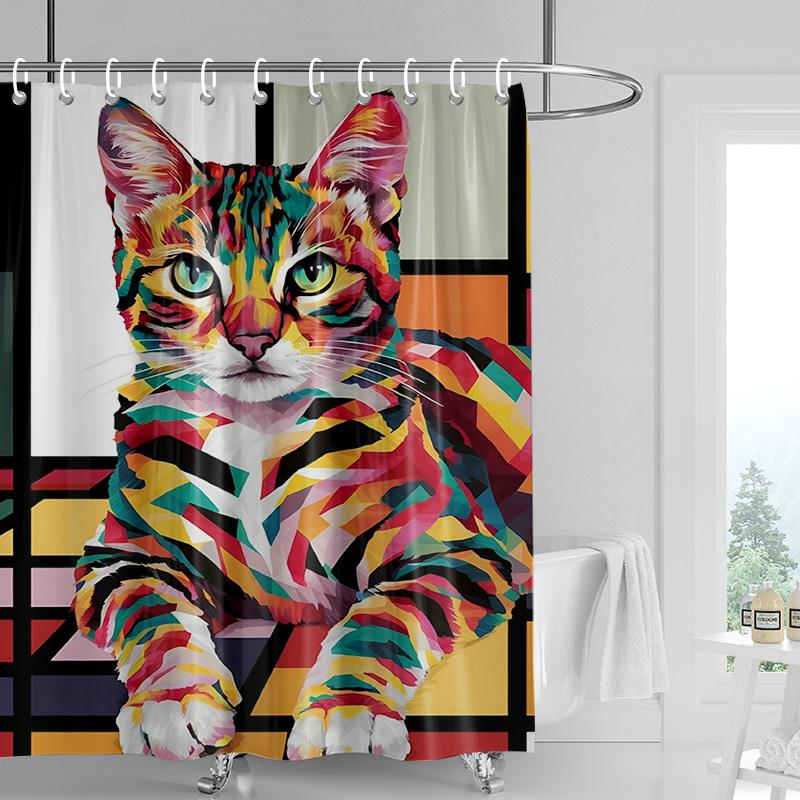 Cartoon cat waterproof shower curtain home decoration bathroom partition shower curtain 180x 200cm with 12 hooks