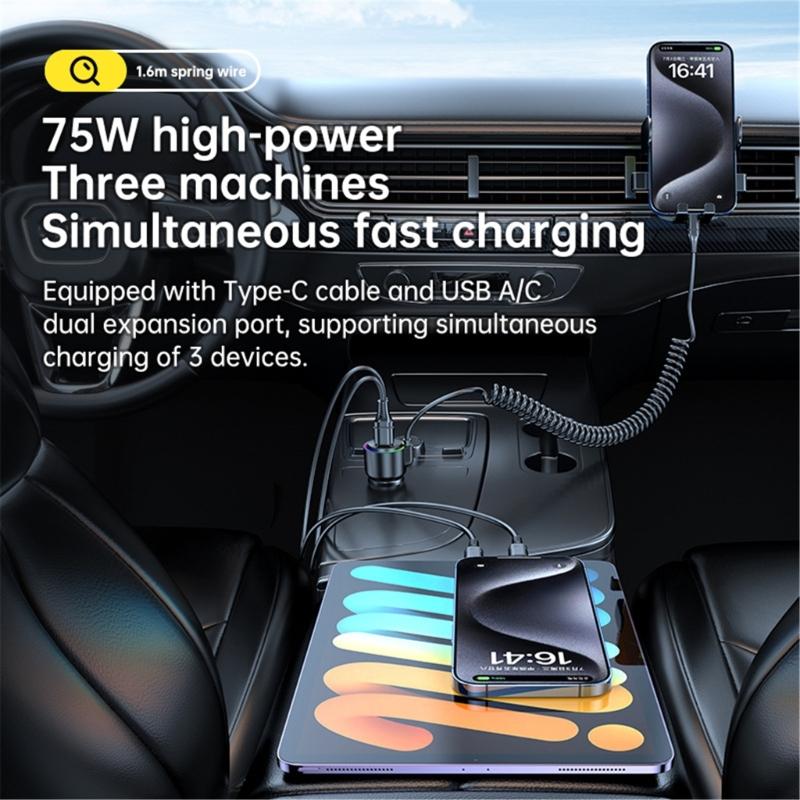Universal 75W Car Fast Charging with build  In Spring Cable Three  Port  Mobile Phone Charger for Efficient Power Delivery