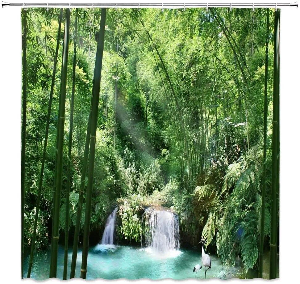Wasserfall-Duschvorhang – Naturlandschaft Mit Wald & Tieren, 178x178 Cm, Polyester, Mit Haken
