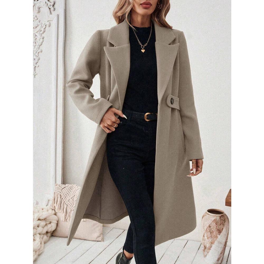 Women's Lapel Long Sleeve Wool Coat Straight Fit Solid Color Urban Commuter Long Overcoat