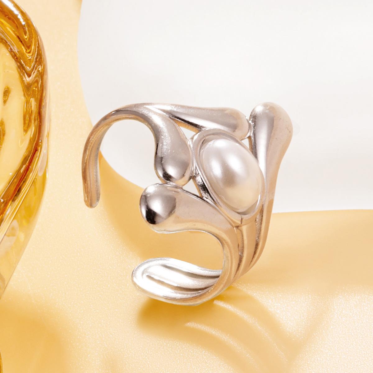 Elegant Geometric Water Drop Pearl Ring for Women - Stainless Steel, Versatile, Open Design