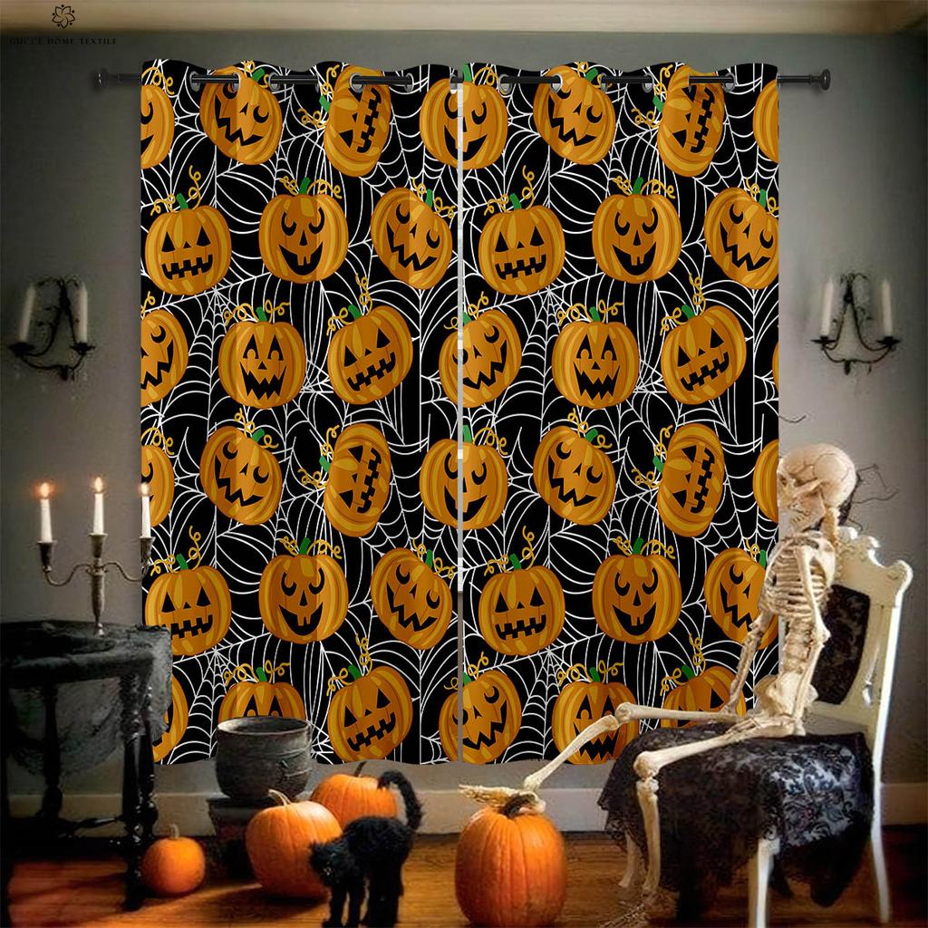 Card Halloween Window Decoration Curtains, Horror Pumpkin Ghost Pattern, Bedroom, Restaurant, Party, 2 Pcs