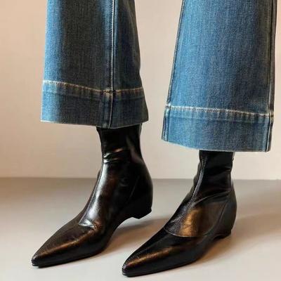 Wind Style Pointed Head Inner Height Increase Cm and Bare Boots Autumn and Winter Retro Versatile and Thin Boots Short Boots