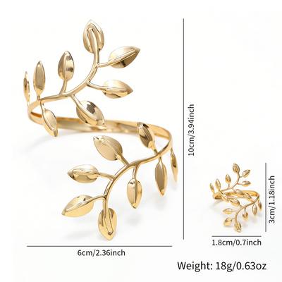 Metal Three-dimensional Leaf-shaped Bracelet, Ring Set, Opening Adjustable Bracelet, Body Chain, Women's Factory Straight Hair.