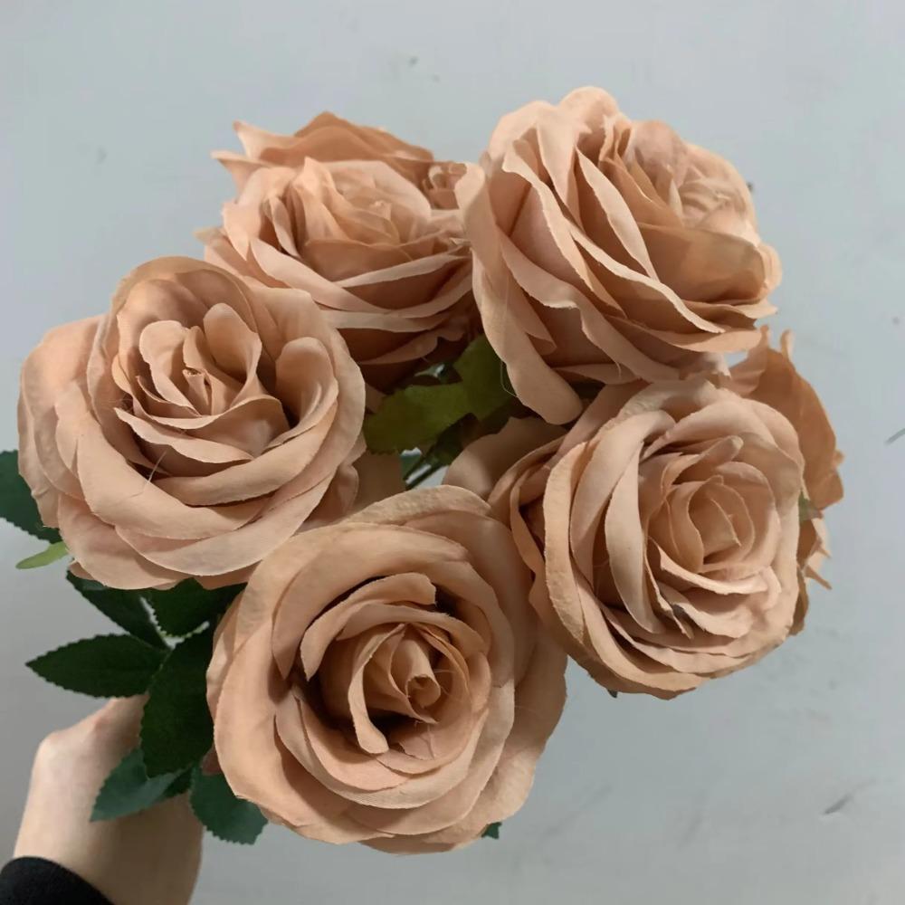 9Heads Roses Bouquet Artificial Flower Brown Coffee Rose Fake Rose Home Decoration Wedding