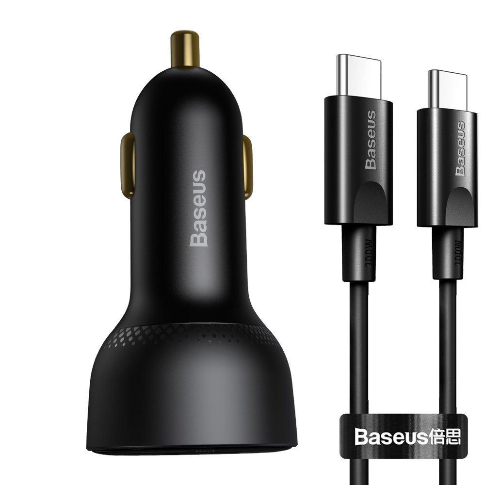 Baseus Supreme 100W Dual Port Car Charger, USB & USB-C Quick Charge with 1m USB-C Cable - Black