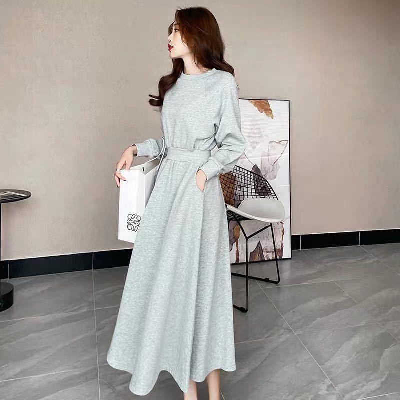 Plus Size Korean-Style Long Sleeve Gray Dress for Spring and Autumn