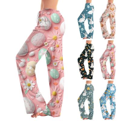 Calças retas casuais estampadas de ovo de Páscoa femininas Calças casuais para casa