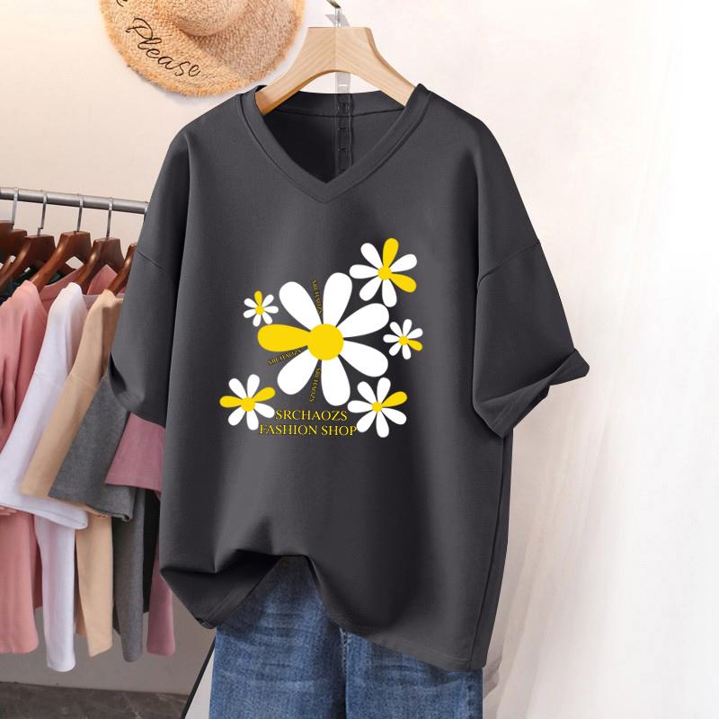 Short-sleeved T-shirt for Women, Large Size, Loose and Slimming, Printed V-neck Top