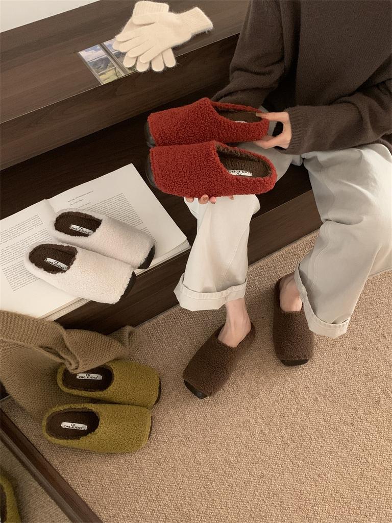 Retro Lamb Wool Plush Slippers Women's Outer Wear 2025 New Small Fragrant Splicing Lazy One-pedal Cotton Mop