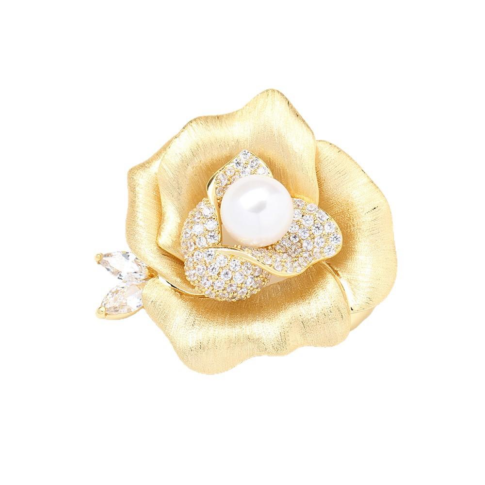Elegant light luxury high sense gold brushed rose brooch temperament freshwater pearl peony pin brooch female