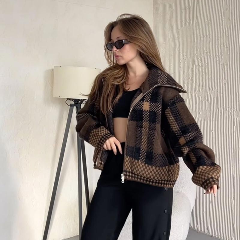 Giacca a Quadri Cappotto Donna Elegante Cerniera Maglione Lavorato a Maglia Revers Tasca Casual Ispessito Top Capospalla Quotidiano Autunno Inverno