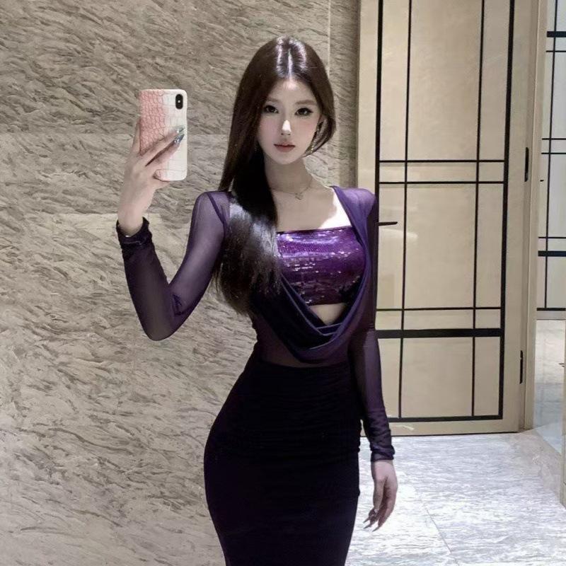 Sequin Patchwork Slim Fit Mesh Dress - Women s Long Sleeve, See-through Design for Spring/Autumn Large фиолетовый
