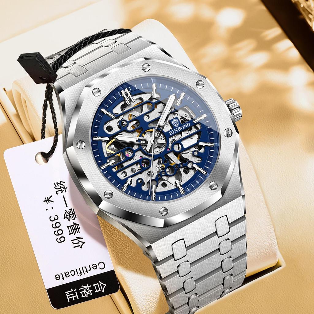 Binbang Men's Automatic Waterproof Skeleton Mechanical Watch - High-End Alloy Design