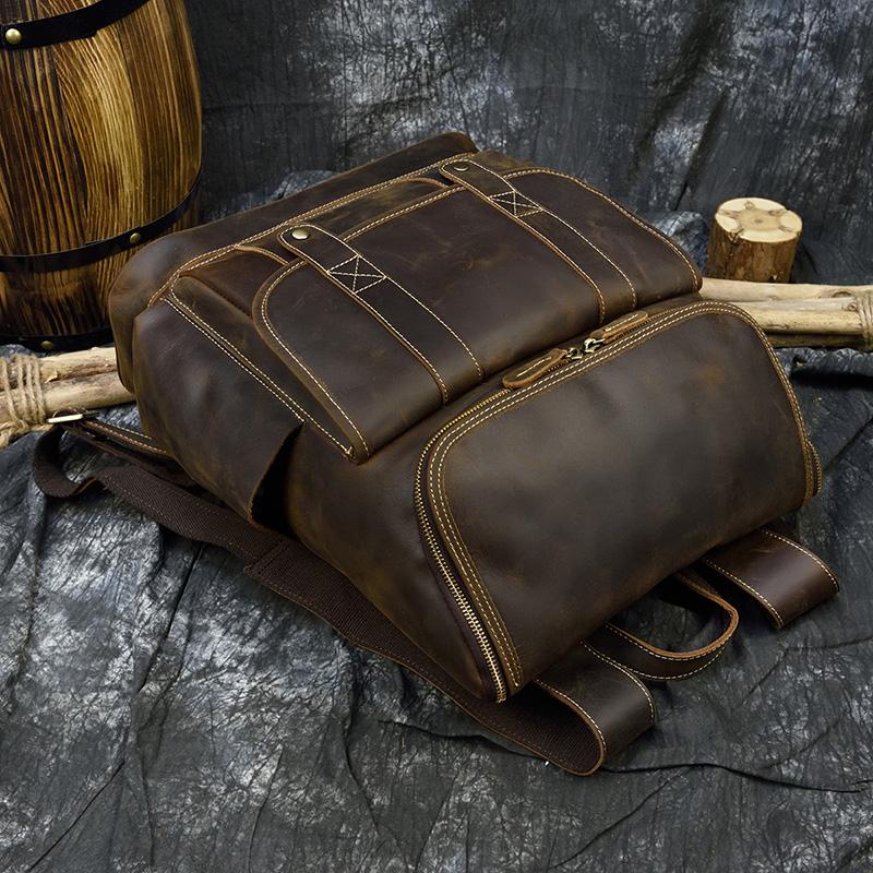 Big Capacity Vintage Leather Backpack Laptop Travel Bagpack Men Male Cowskin Backpack Retro Style Travel Bag  Brown 42cm