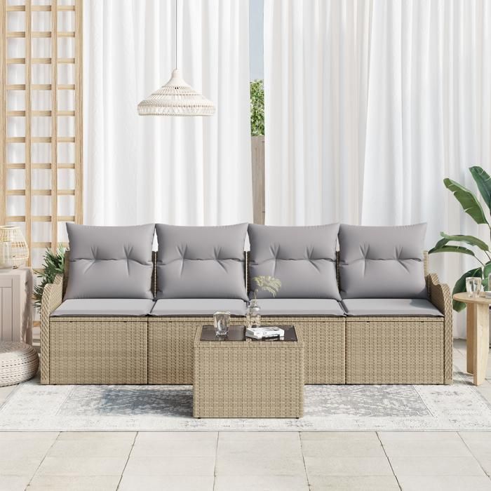Canapé de Jardin 5 Pièces avec Coussins Beige Rotin Poly, Canapé de Jardin 2 Places avec Rangement et Coussins Beige Rotin 3354239