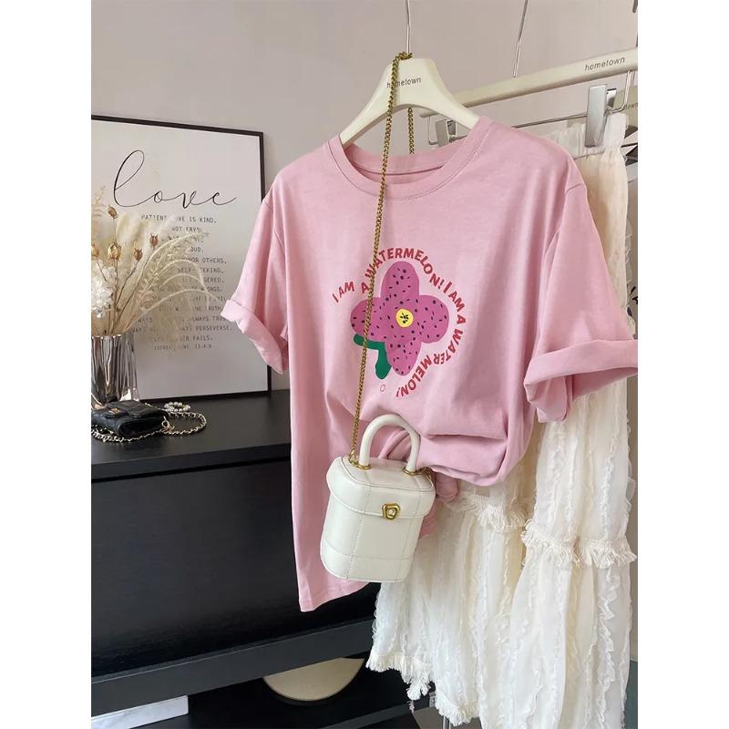 Women Watermelon Flower Letter Graphic Crew Neck Roll Cuff Short Sleeve T-shirt