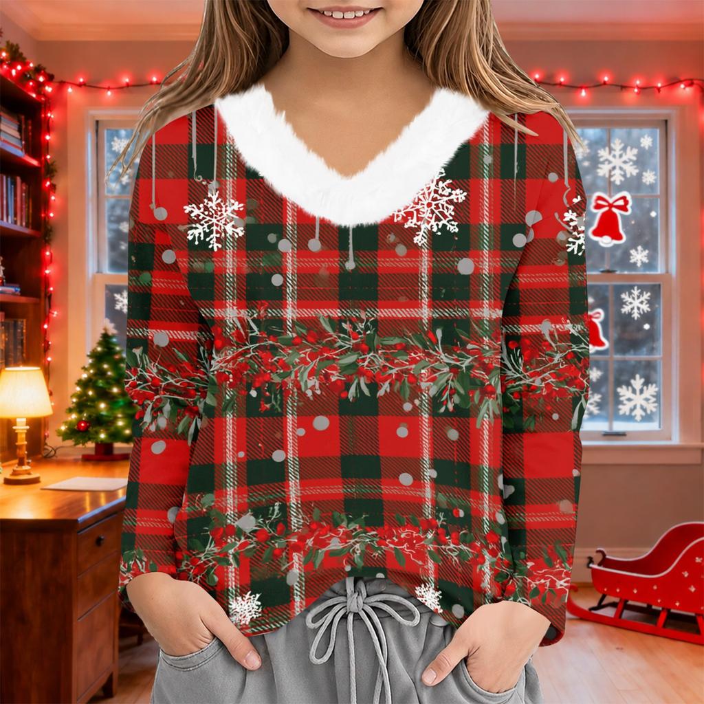 Girls Christmas Shirt Plush V-Neck Printed Winter Base Layer Top for Little Girls