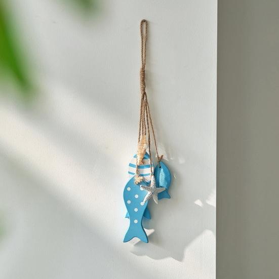 Wooden Fish Coastal Wall Ornament Nautical Theme Sea Fish Wall Art with Hemp Rope Vintage Lake House Hanging Sculpture for Home Living Room