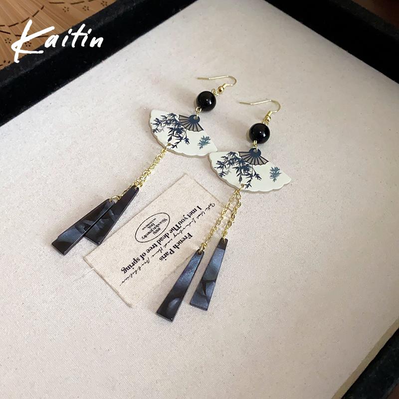 New Chinese Style Fan Resin Tassel Earrings for Women Fashion Trend Ear Hook Temperament National Style Zircon Female Gift