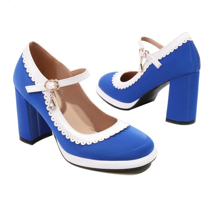 FOREADA Women Pumps Thick Super High Heels Round Toe Mary Janes Crystal Party Sexy Spring Autumn Shoes Rose-carmine Red Blue