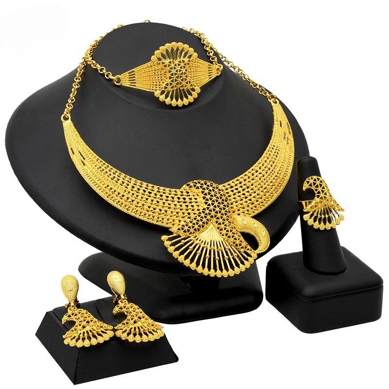 2026 Nigeria Dubai 24K Gold Jewelry Set Bridal Necklace Bracelet Earrings Ring Four-piece Set