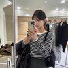 Korean High-End Black & White Striped Knit Cardigan for Women, Spring/Autumn, Inner Base Layer, Regular Shoulder, Cinched Waist, Short Top